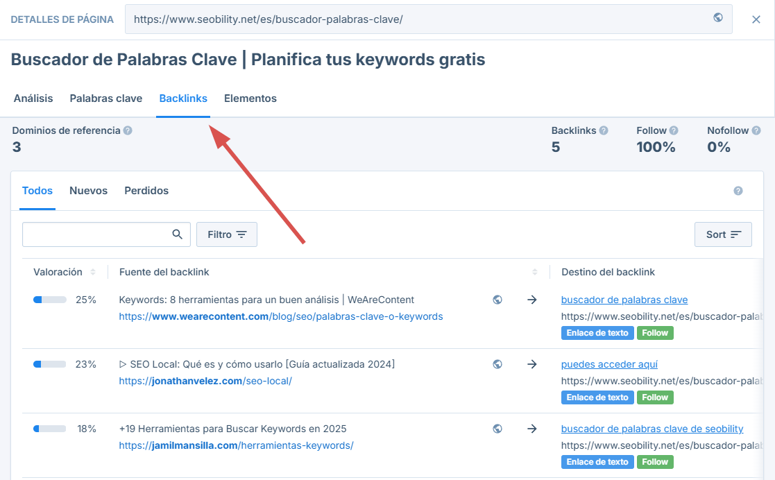 Informe de 1 página con la sección de backlinks