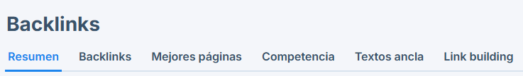 Sección Backlinks mostrando sus seis pestañas, destacándose la de Resumen