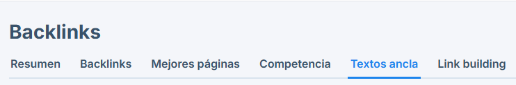 Sección Backlinks mostrando sus seis pestañas, destacándose la de Textos ancla