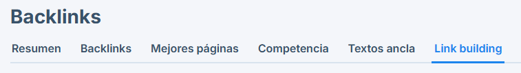 Sección Backlinks mostrando sus seis pestañas, destacándose la de Link building