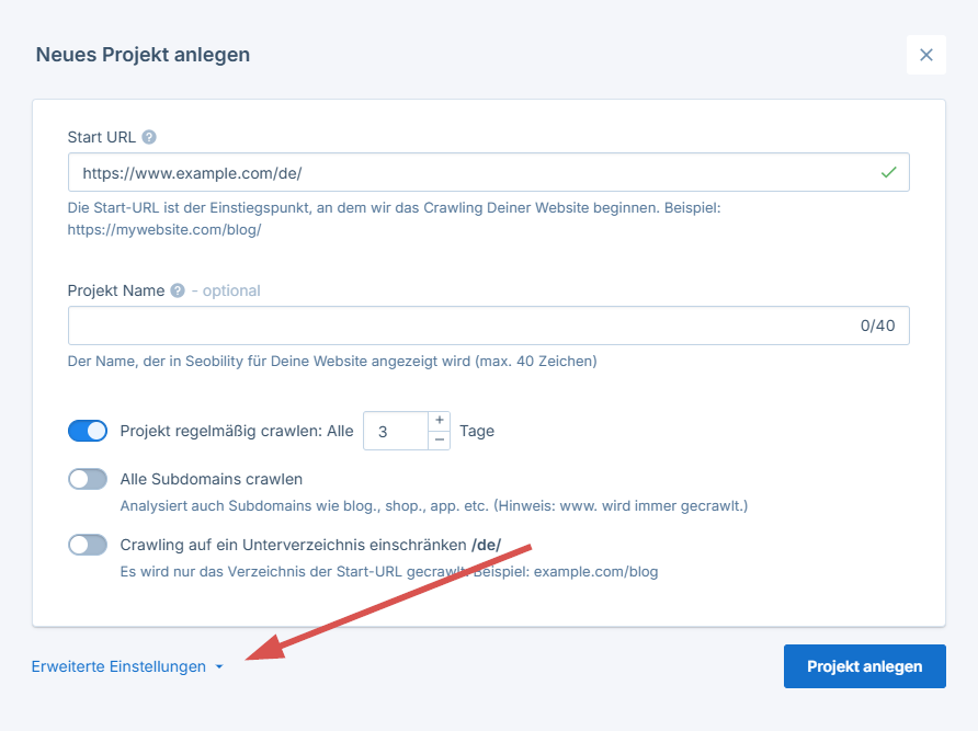 Erweiterte Crawlereinstellungen anpassen