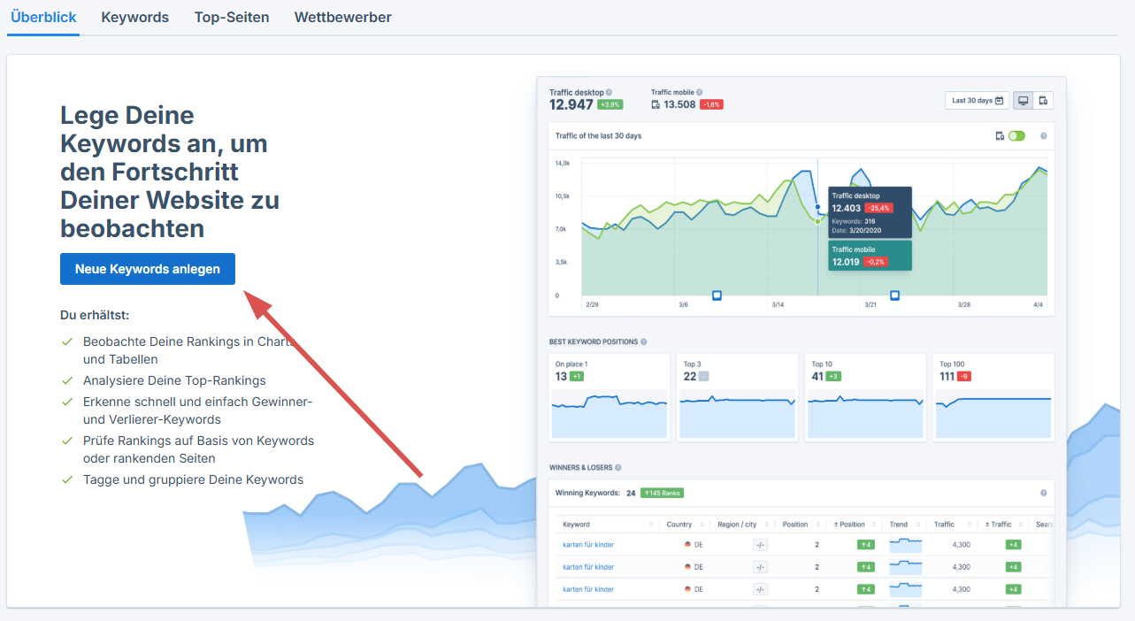 Klicke auf den Button Neue Keywords anlegen