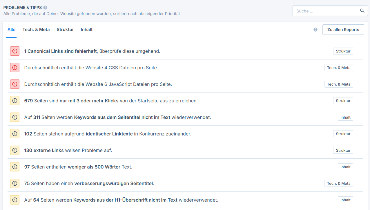 Liste an Problemen in Seobility