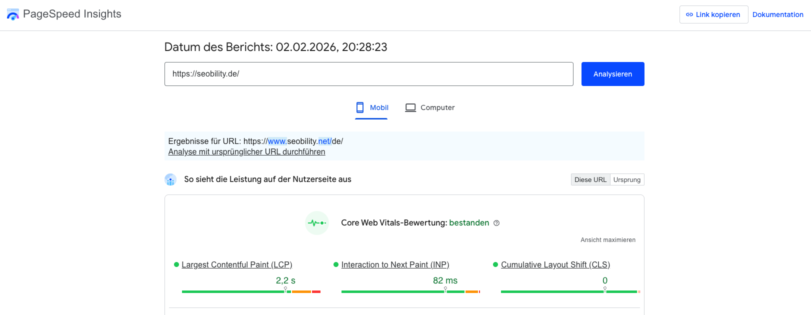 PageSpeed Insights Bericht für seoibility.de zeigt die Core Web Vitals Bewertung mit LCP von 2,2 Sekunden, INP von 82 Millisekunden und CLS von 0.