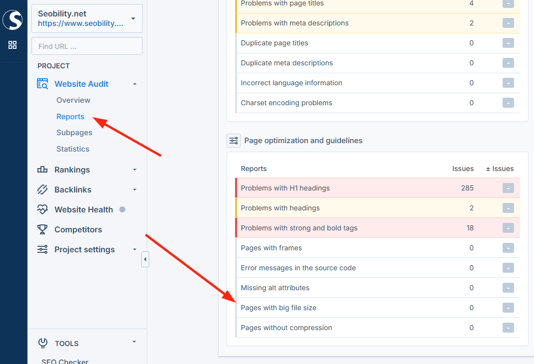 Seobility's Website Audit has a dedicated report for pages with large file sizes
