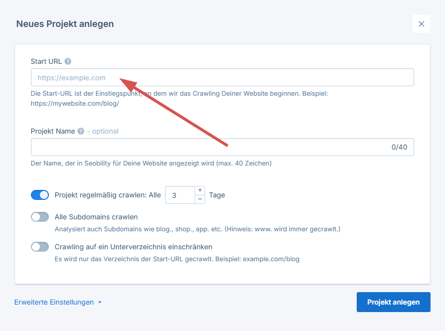 Gib oben die URL Deiner Website ein