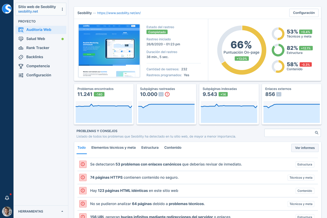 Auditoría web de Seobility